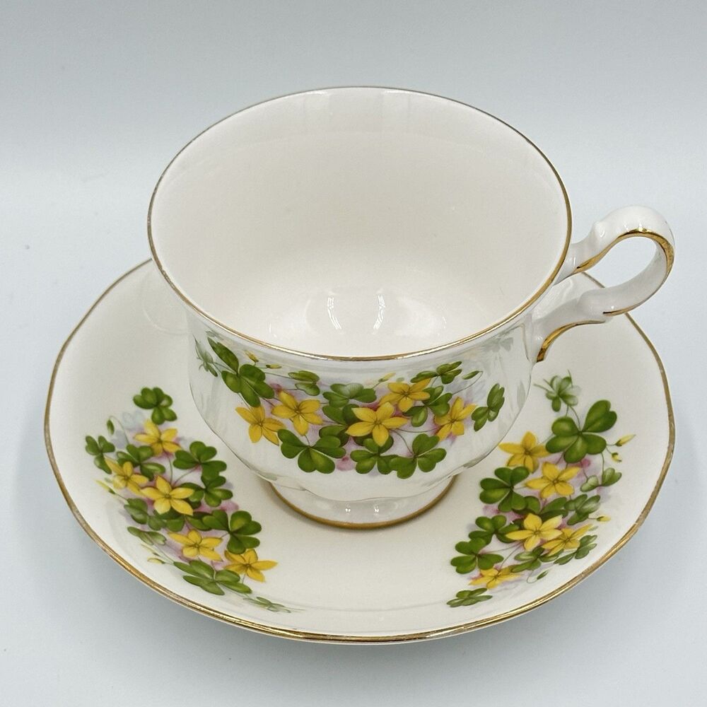 Vintage Queen Anne Bone China Teacup & Saucer - Yellow Flowers Green Clover